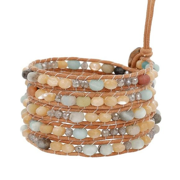 Chan Luu Matte Multi Color Mineral Stone Tan Leather Silver Bracelet NWT - Picture 1 of 1